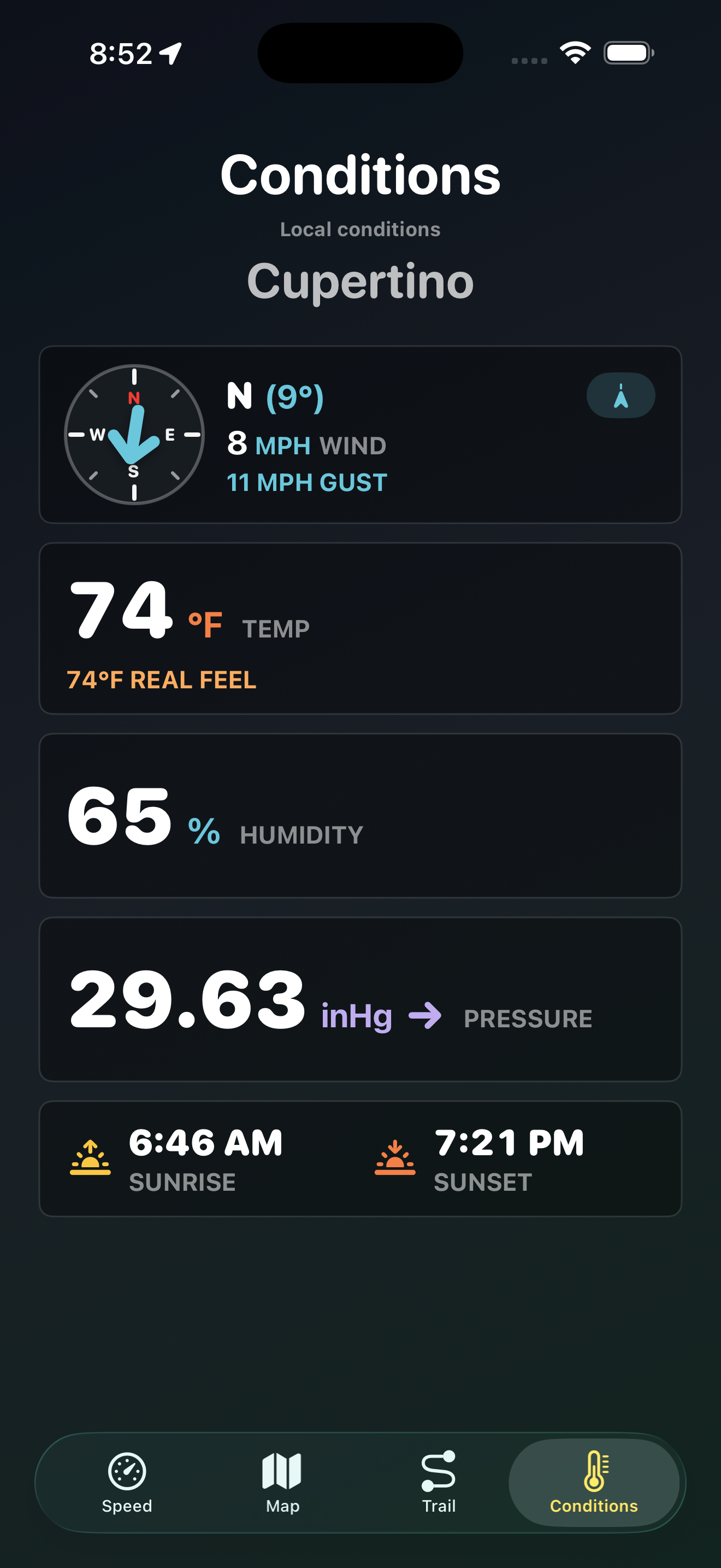 Conditions tab showing wind, temperature, humidity, pressure, sunrise and sunset