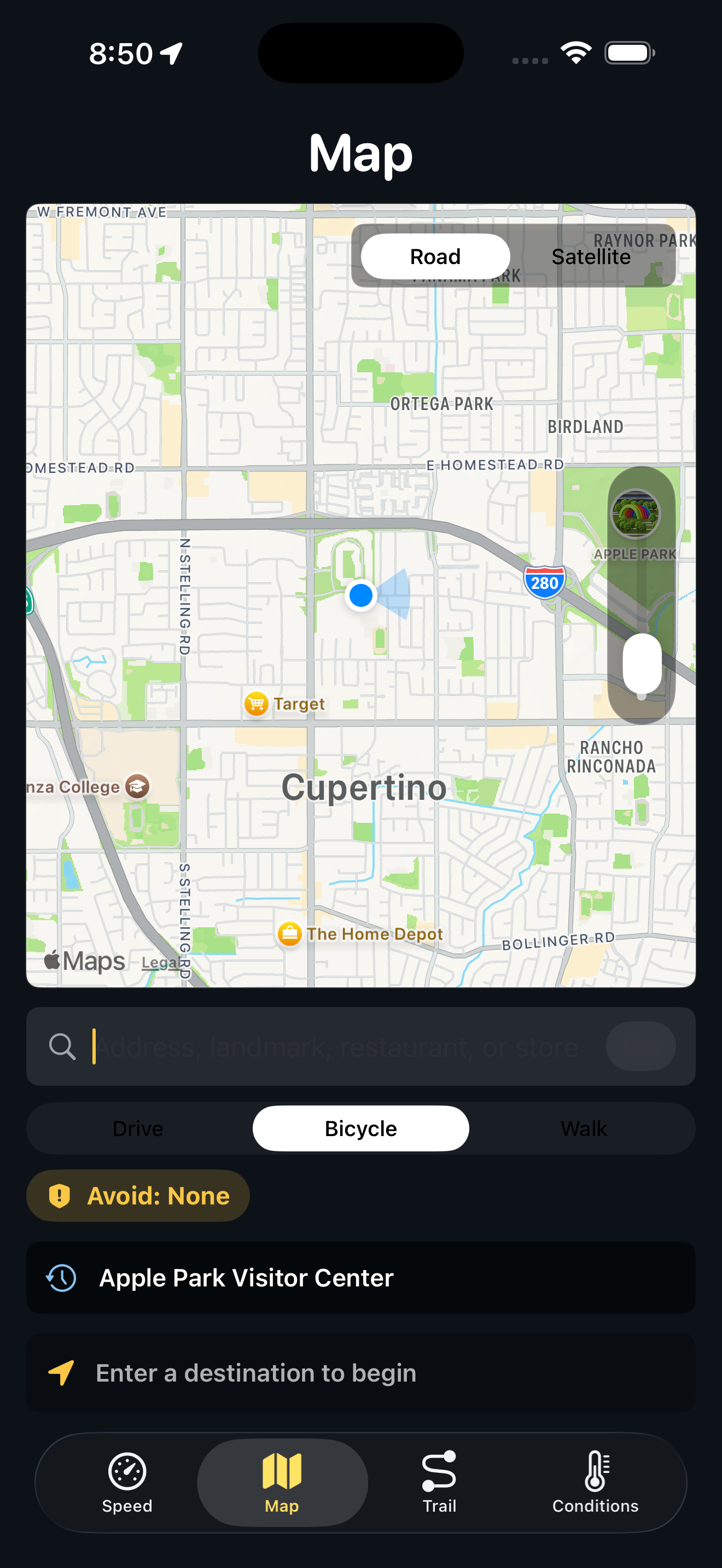 Map tab with destination search and Bicycle mode selected