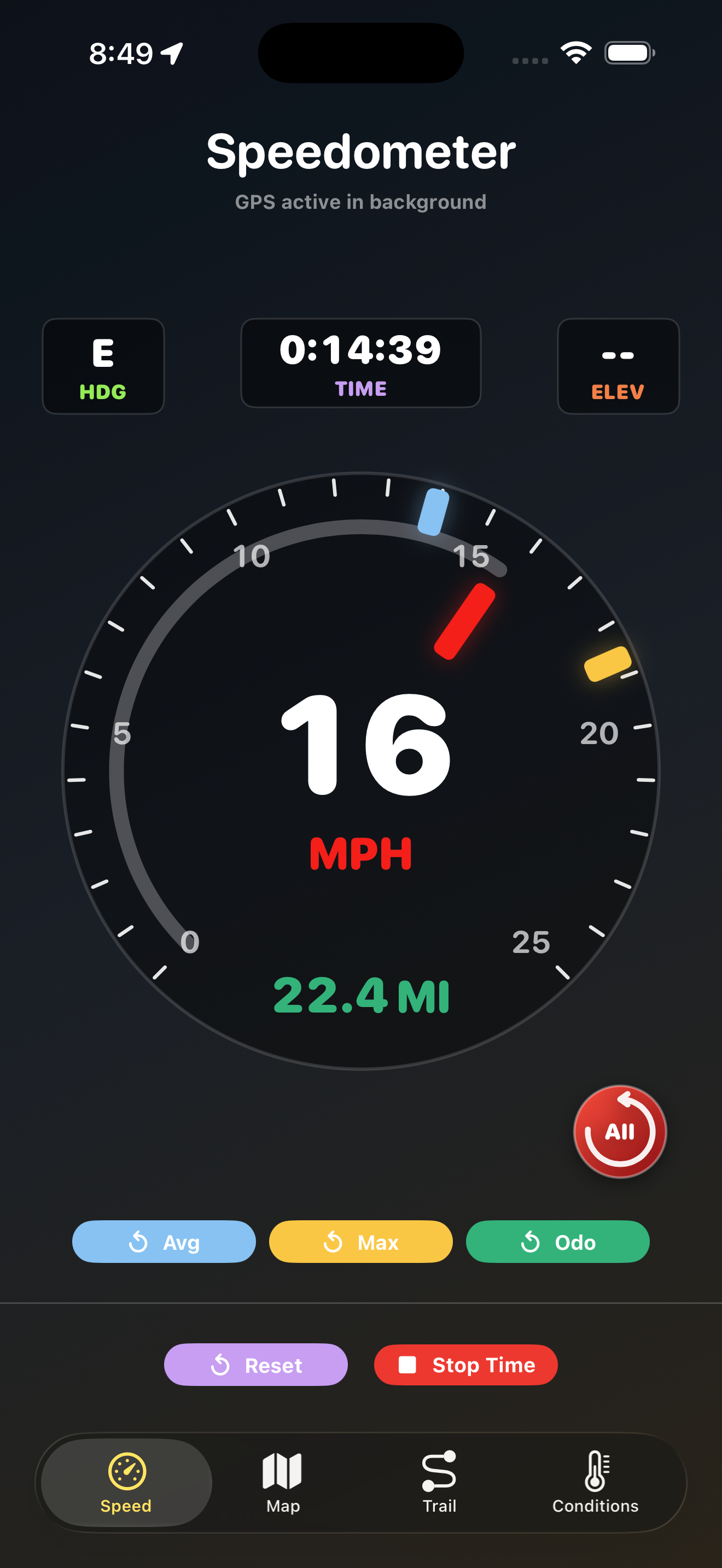 Speed tab showing speed, heading, elapsed time and distance