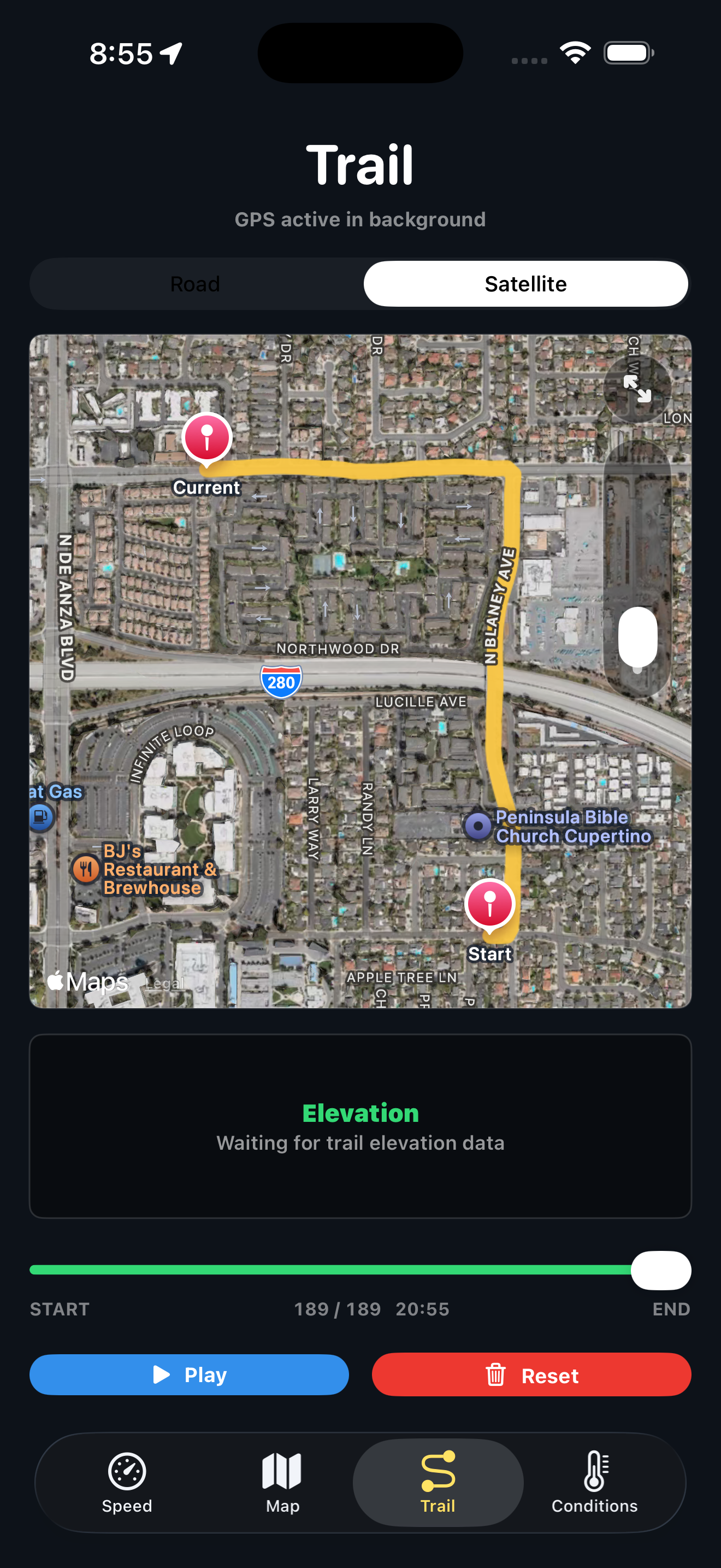Trail tab showing a yellow breadcrumb route from start to current location